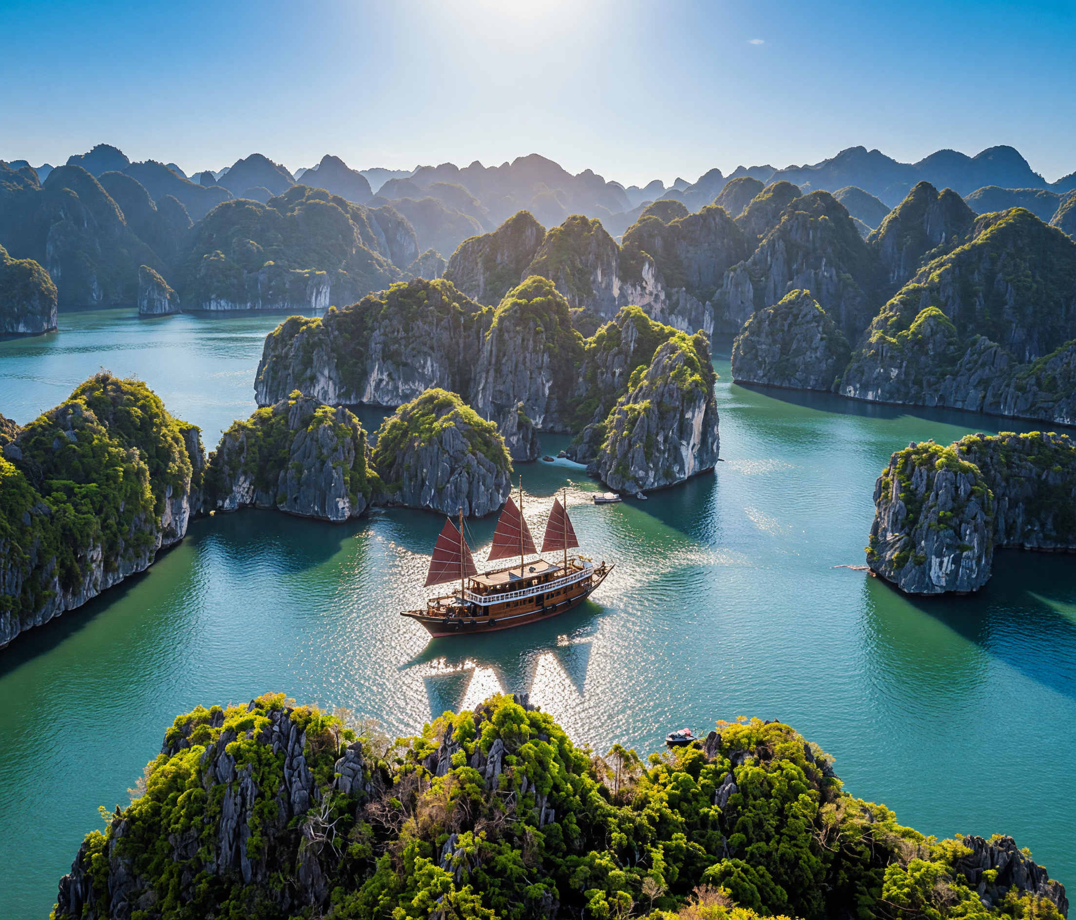 Ha Long Bay limestone islands at sunrise with fishing boats below